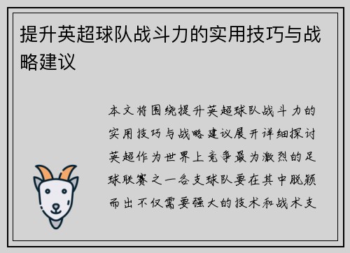 提升英超球队战斗力的实用技巧与战略建议