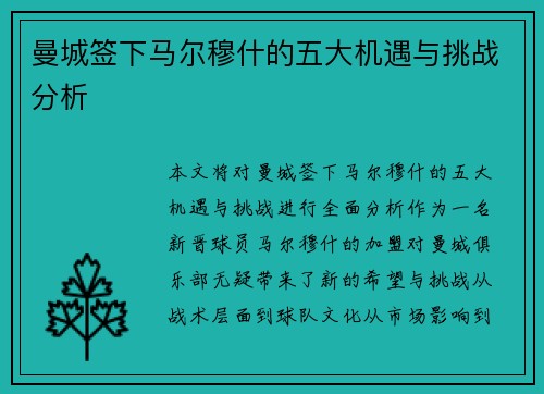 曼城签下马尔穆什的五大机遇与挑战分析 曼城签下马尔穆什的五大机遇与挑战分析