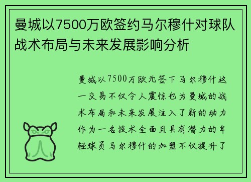 曼城以7500万欧签约马尔穆什对球队战术布局与未来发展影响分析