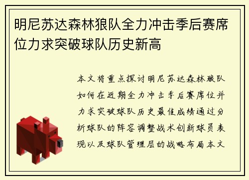 明尼苏达森林狼队全力冲击季后赛席位力求突破球队历史新高 明尼苏达森林狼队全力冲击季后赛席位力求突破球队历史新高